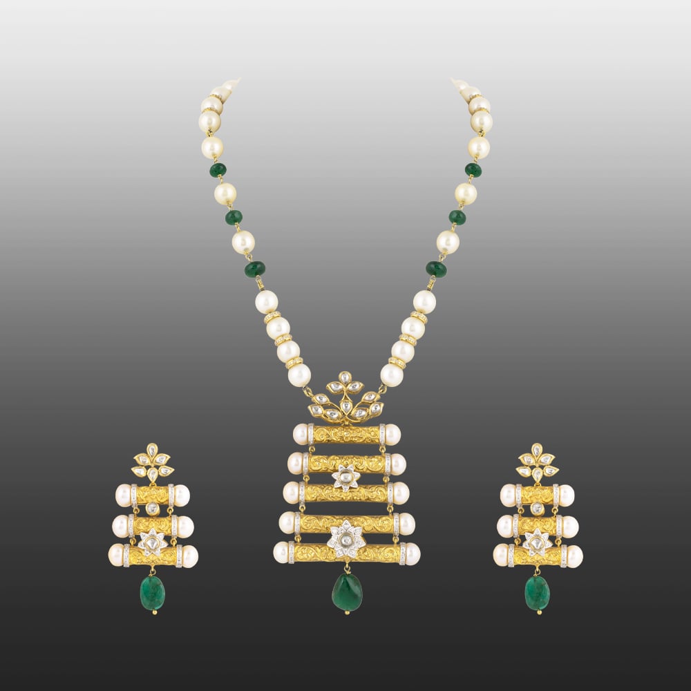 Floral Enamel Pendant Set with Pearls & Emerald Drops